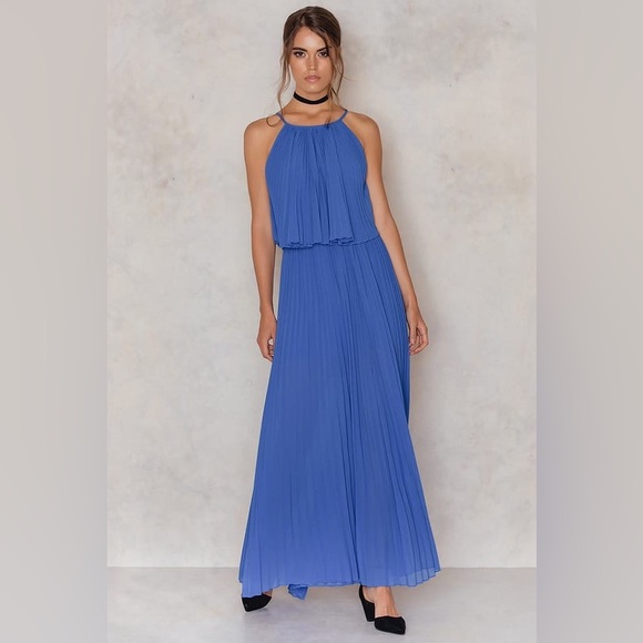 Women's Line & Dot Long Amelie Pleat Chiffon Dress Formal Maxi Azure Blue Small - Picture 15 of 15